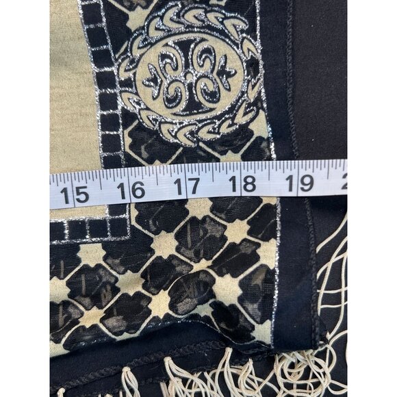 Black Tan 7-Way Scarf Poncho Top Metallic Threading  Fringe By Kokomo Unlimited - Picture 11 of 12